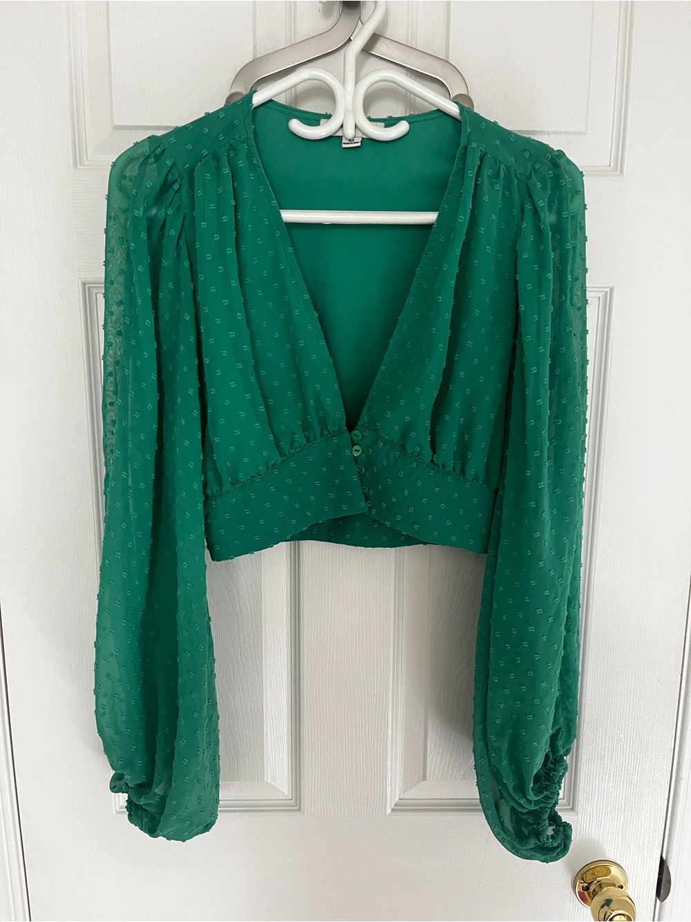 Green Textured V-Neck Long Sleeve Women's Top